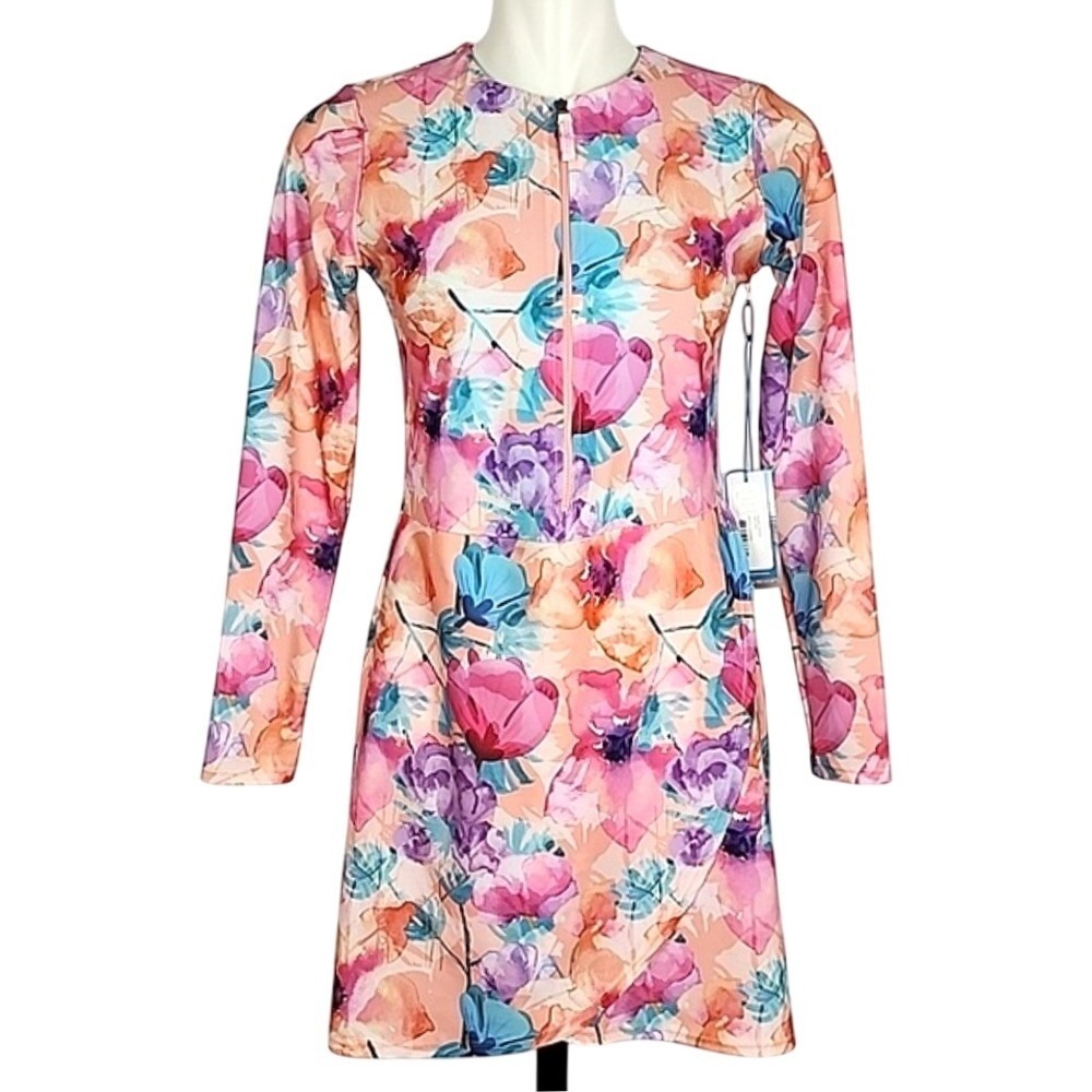 NWT Kyodan Women's Pink Watercolor Floral Rash Guard Swim Dress Medium